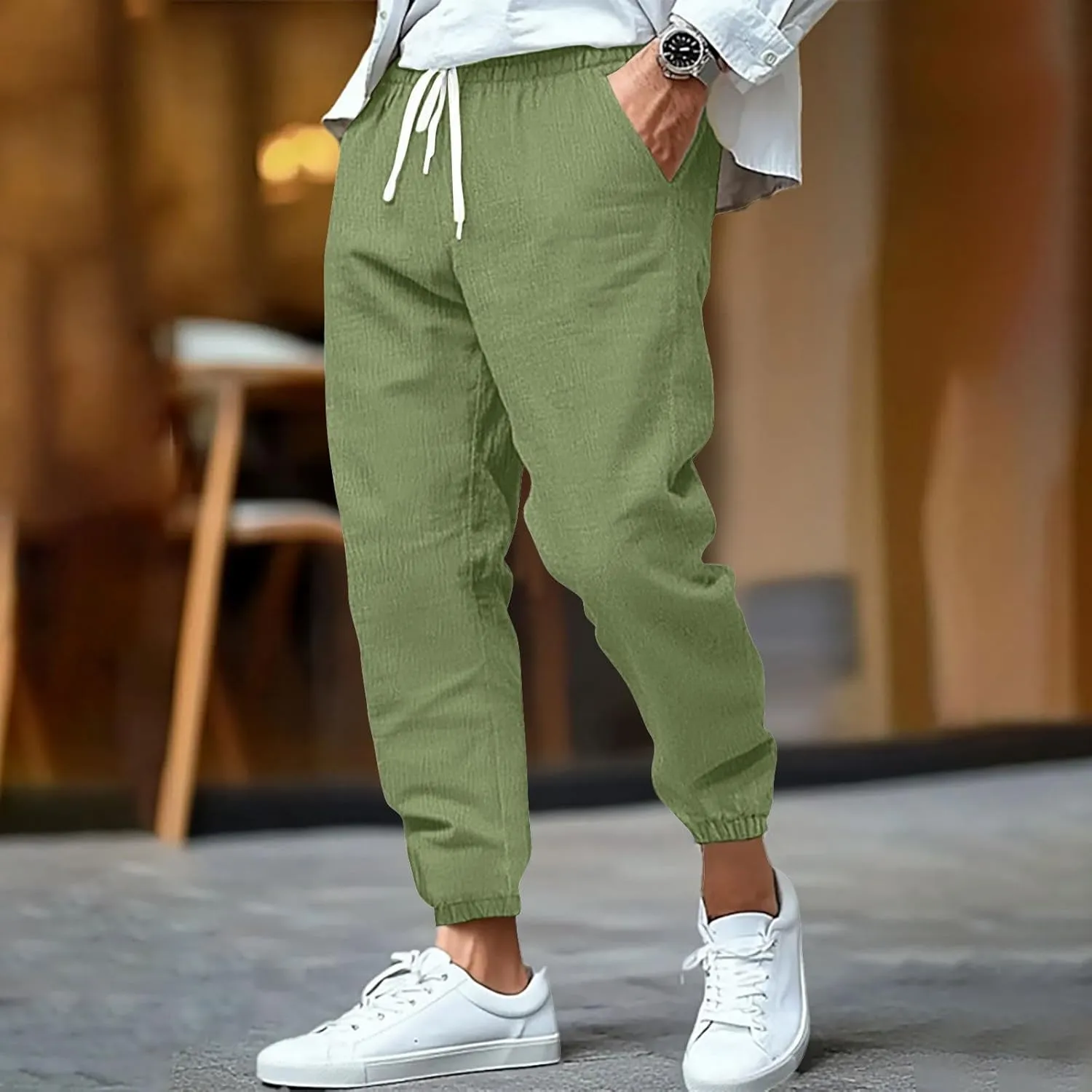 2025 Men's Cotton and Linen Solid Color Pants Drawstring Breathable Slim Fit Pants