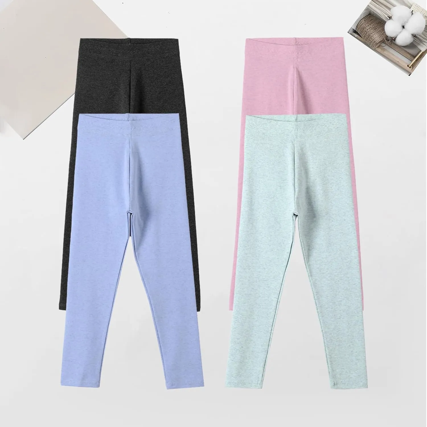 4 Pack Girls Cotton Leggings Stretchy Yoga Pants Kids Soft Full Length Solid Leggings