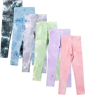 6 Pack Printed Leggings - Stretchy Tie-Dyed Yoga Pants for Girls - Casual Athletic Leggings