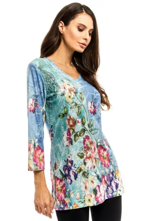 Adore Blue Green Floral V Neckline Tunic