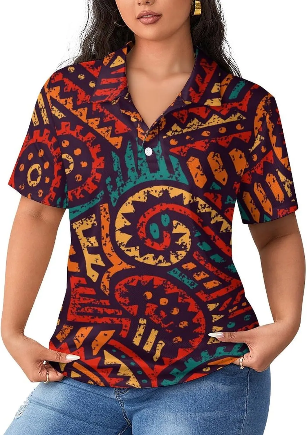 African Ethnic and Tribal Motifs Women's Sport Shirt Short Sleeve Golf T-Shirt Tennis Quick Dry Casual Tops Print Work Shirt