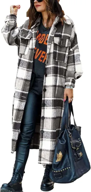 Ainangua Women's Casual Wool Blend Long Plaid Shirt Jacket Button Down Pocketed Shirt Shacket