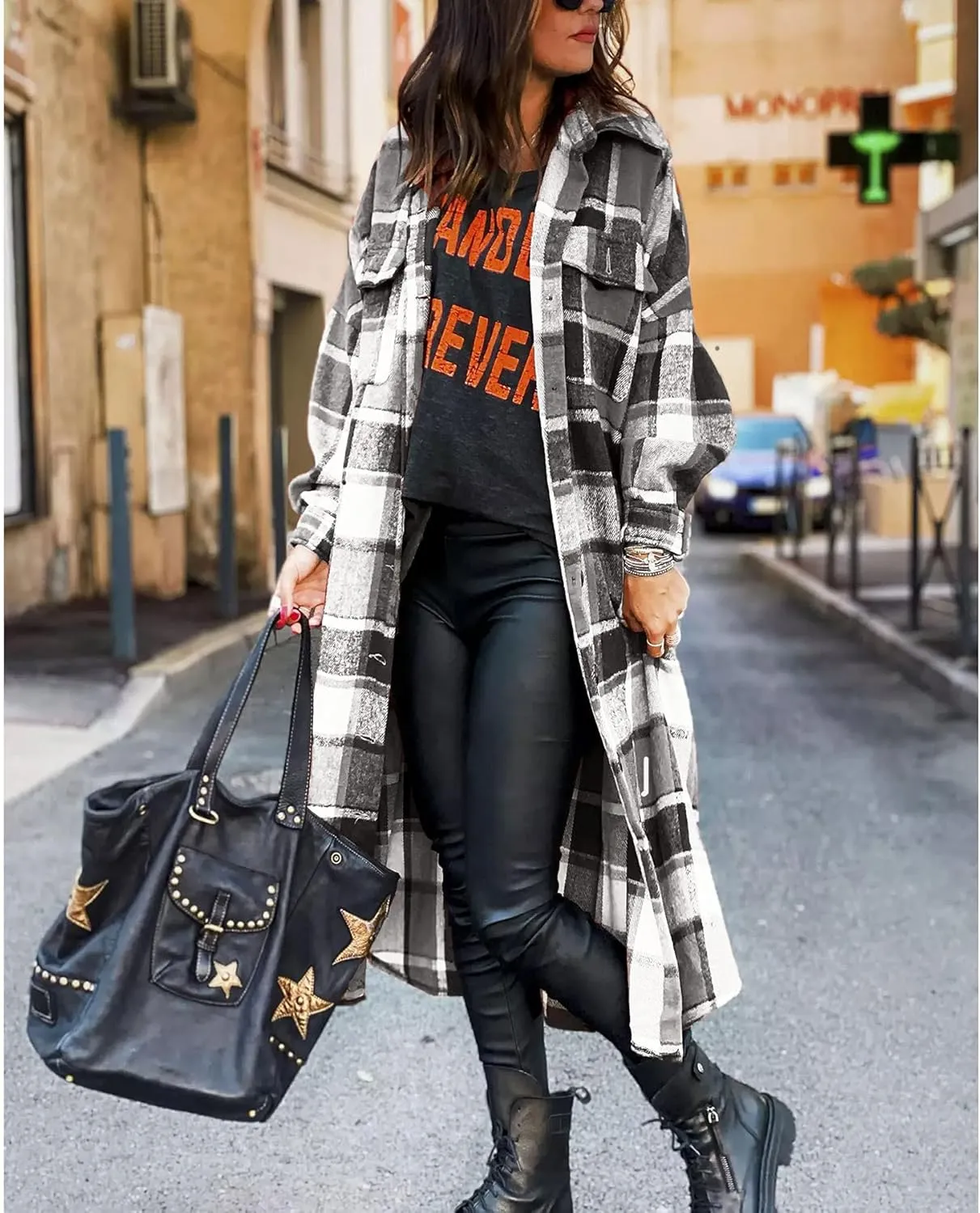 Ainangua Women's Casual Wool Blend Long Plaid Shirt Jacket Button Down Pocketed Shirt Shacket