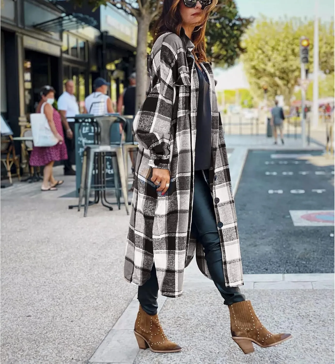 Ainangua Women's Casual Wool Blend Long Plaid Shirt Jacket Button Down Pocketed Shirt Shacket