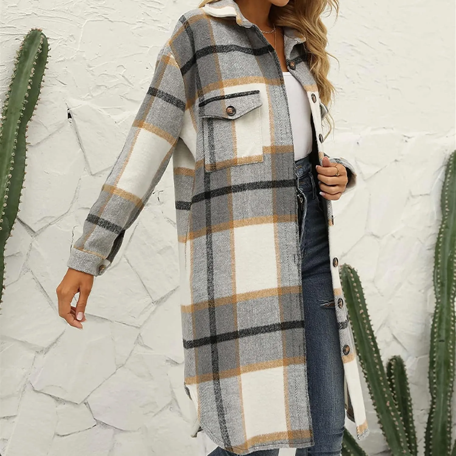 Ainangua Women's Casual Wool Blend Long Plaid Shirt Jacket Button Down Pocketed Shirt Shacket