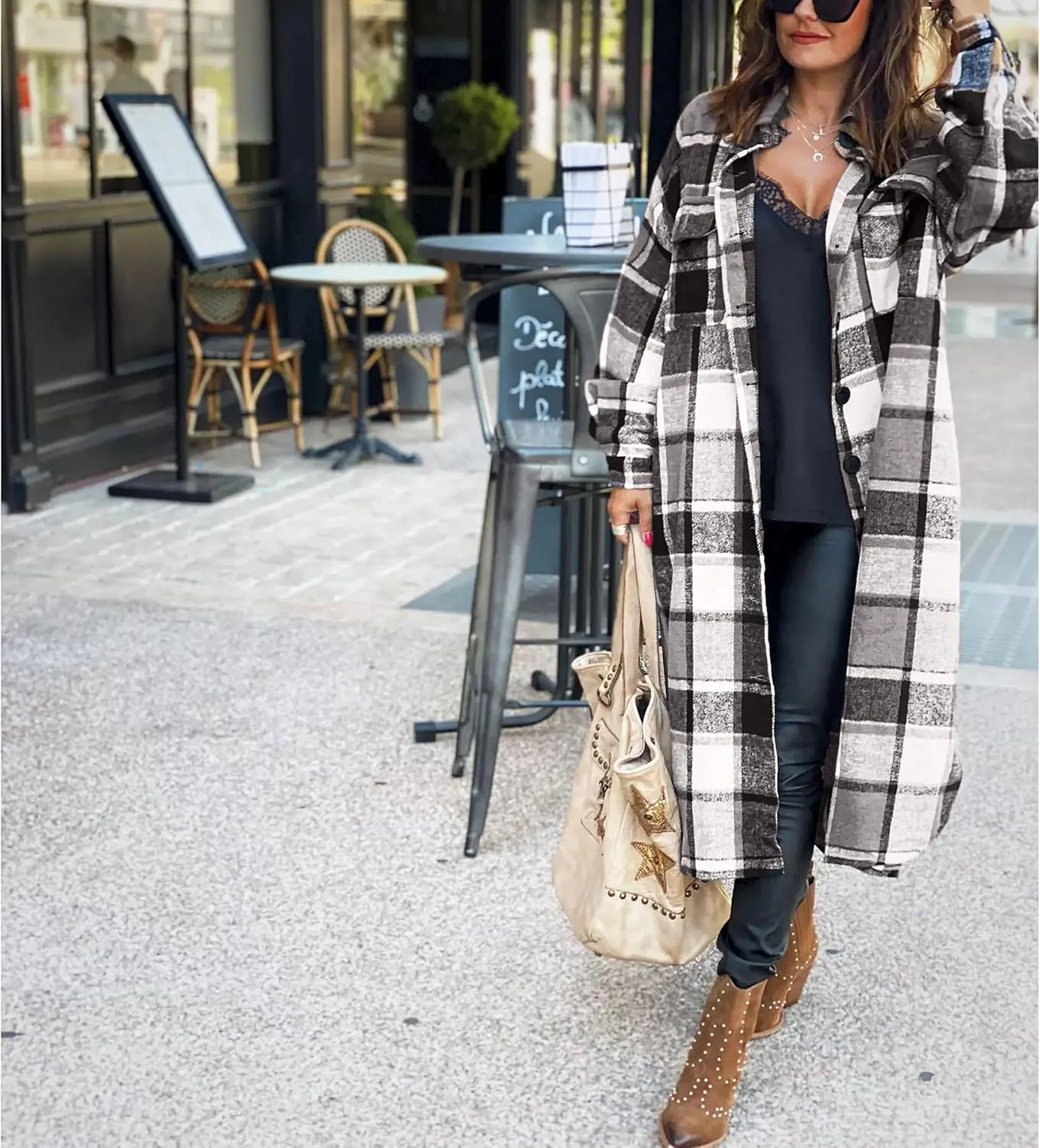 Ainangua Women's Casual Wool Blend Long Plaid Shirt Jacket Button Down Pocketed Shirt Shacket