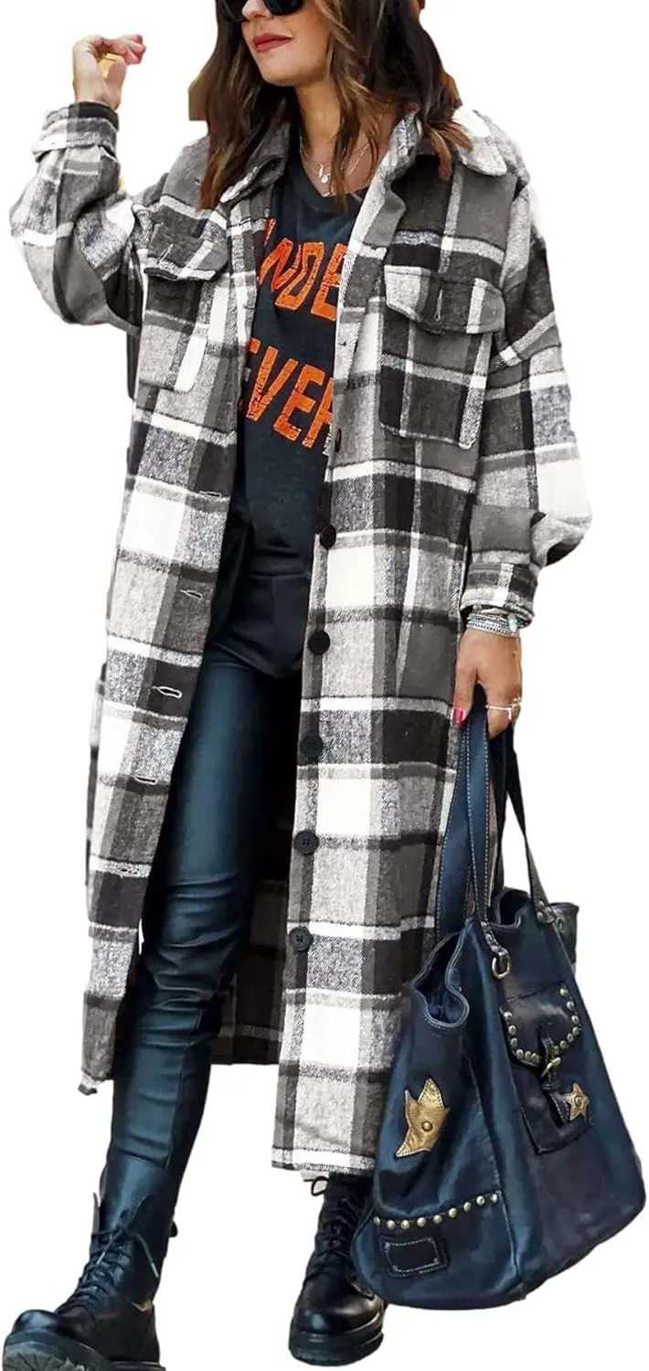 Ainangua Women's Casual Wool Blend Long Plaid Shirt Jacket Button Down Pocketed Shirt Shacket