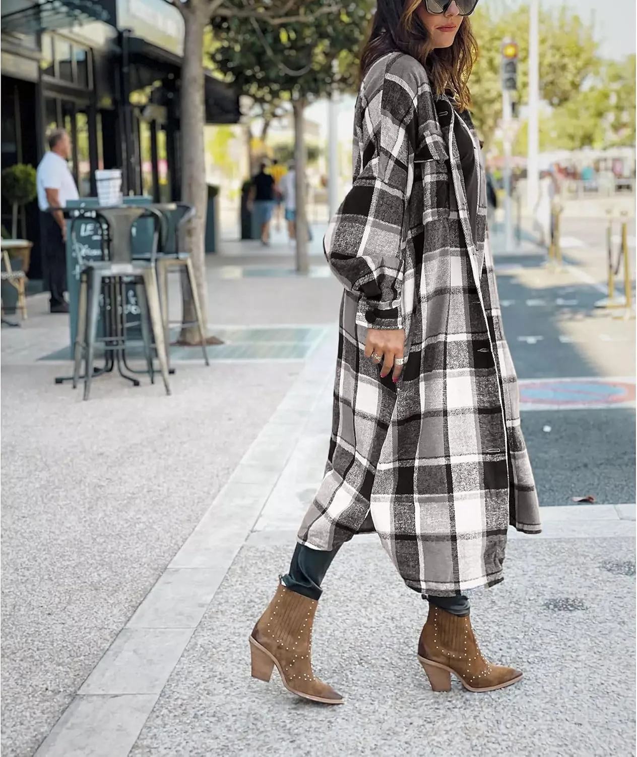 Ainangua Women's Casual Wool Blend Long Plaid Shirt Jacket Button Down Pocketed Shirt Shacket