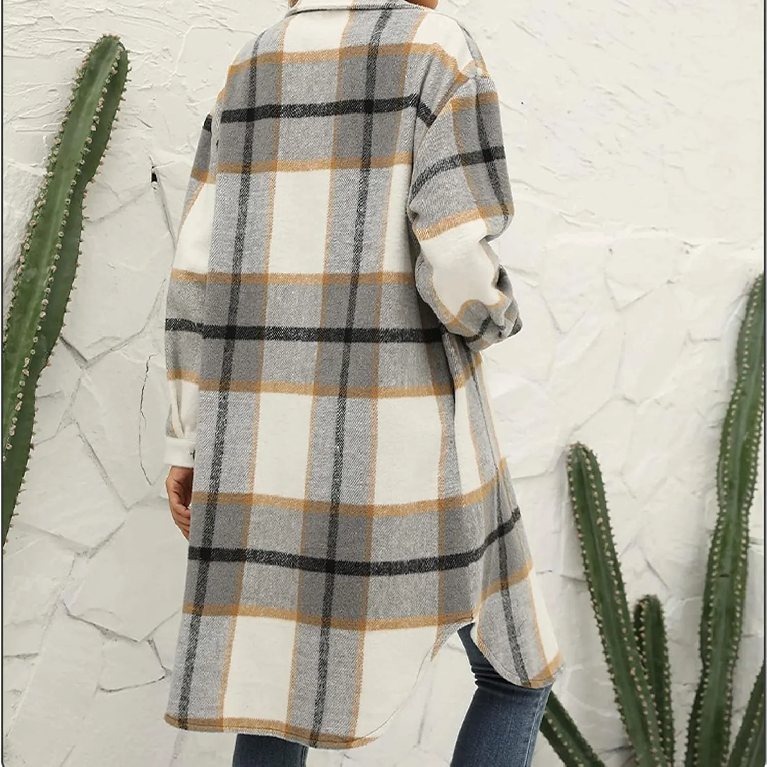 Ainangua Women's Casual Wool Blend Long Plaid Shirt Jacket Button Down Pocketed Shirt Shacket