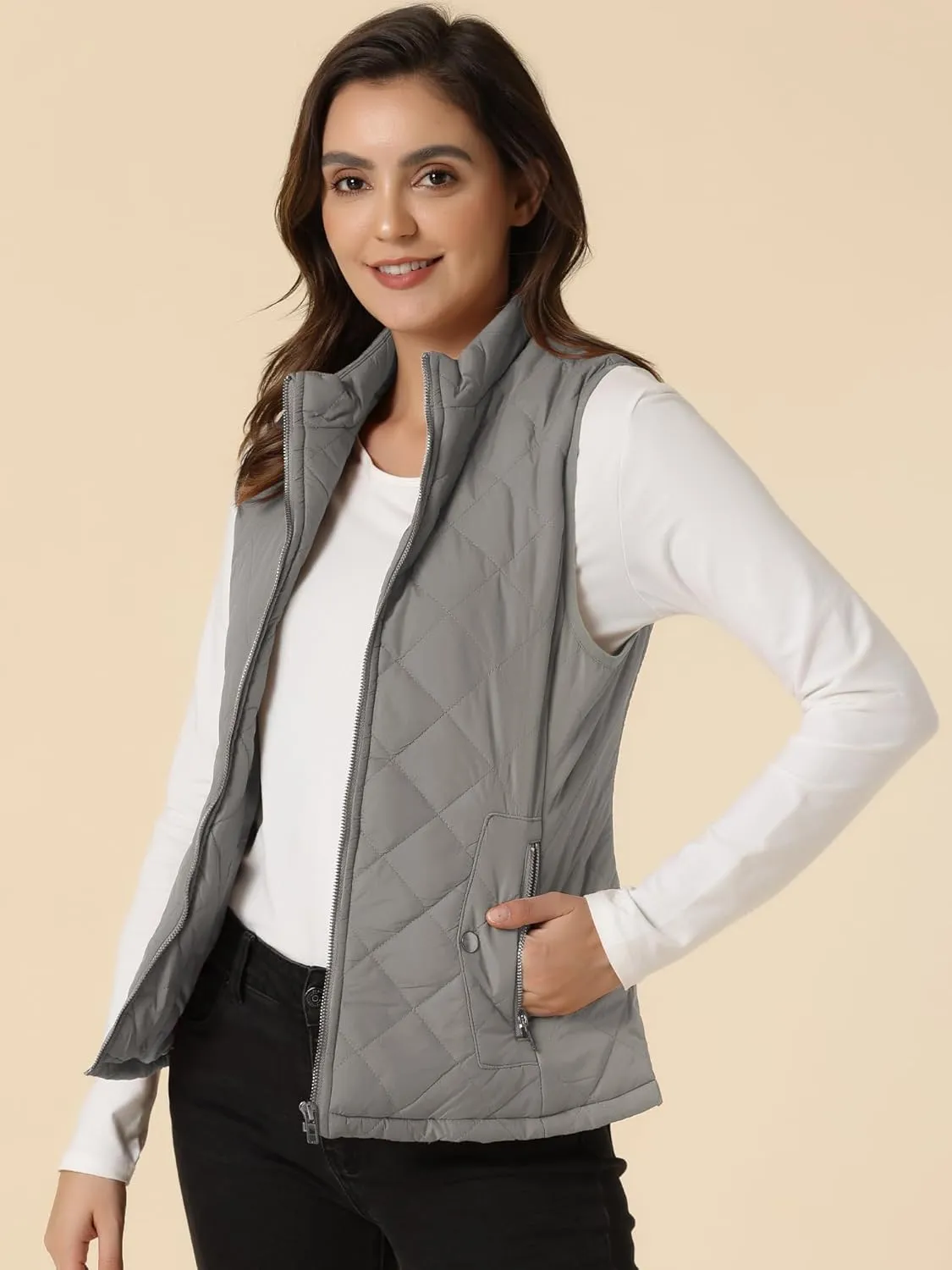 Allegra K Women's Puffer Vest Stand Collar Lightweight Gilet Quilted Zip Vest
