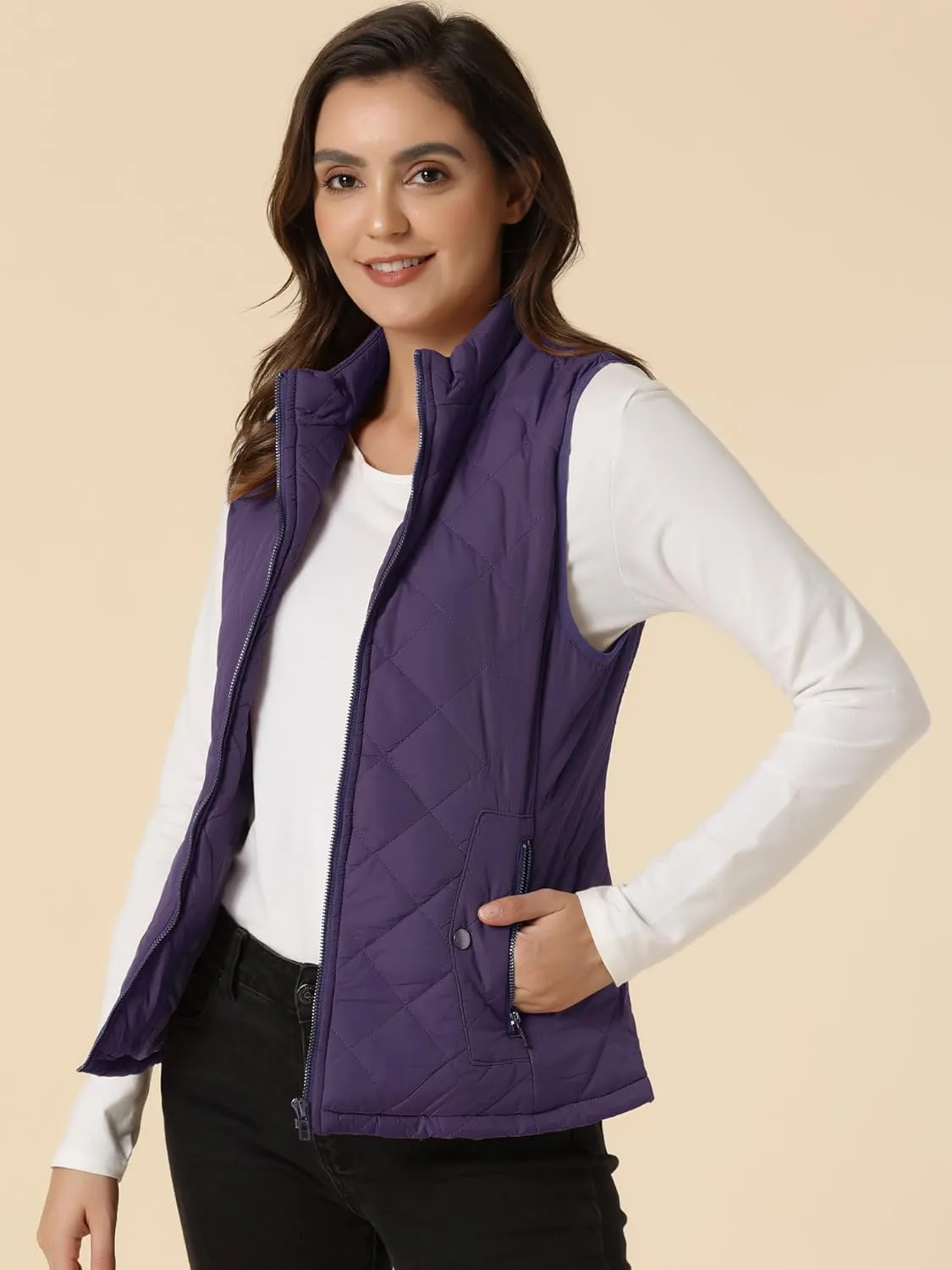 Allegra K Women's Puffer Vest Stand Collar Lightweight Gilet Quilted Zip Vest