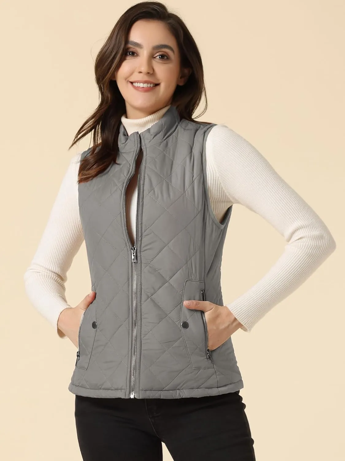 Allegra K Women's Puffer Vest Stand Collar Lightweight Gilet Quilted Zip Vest