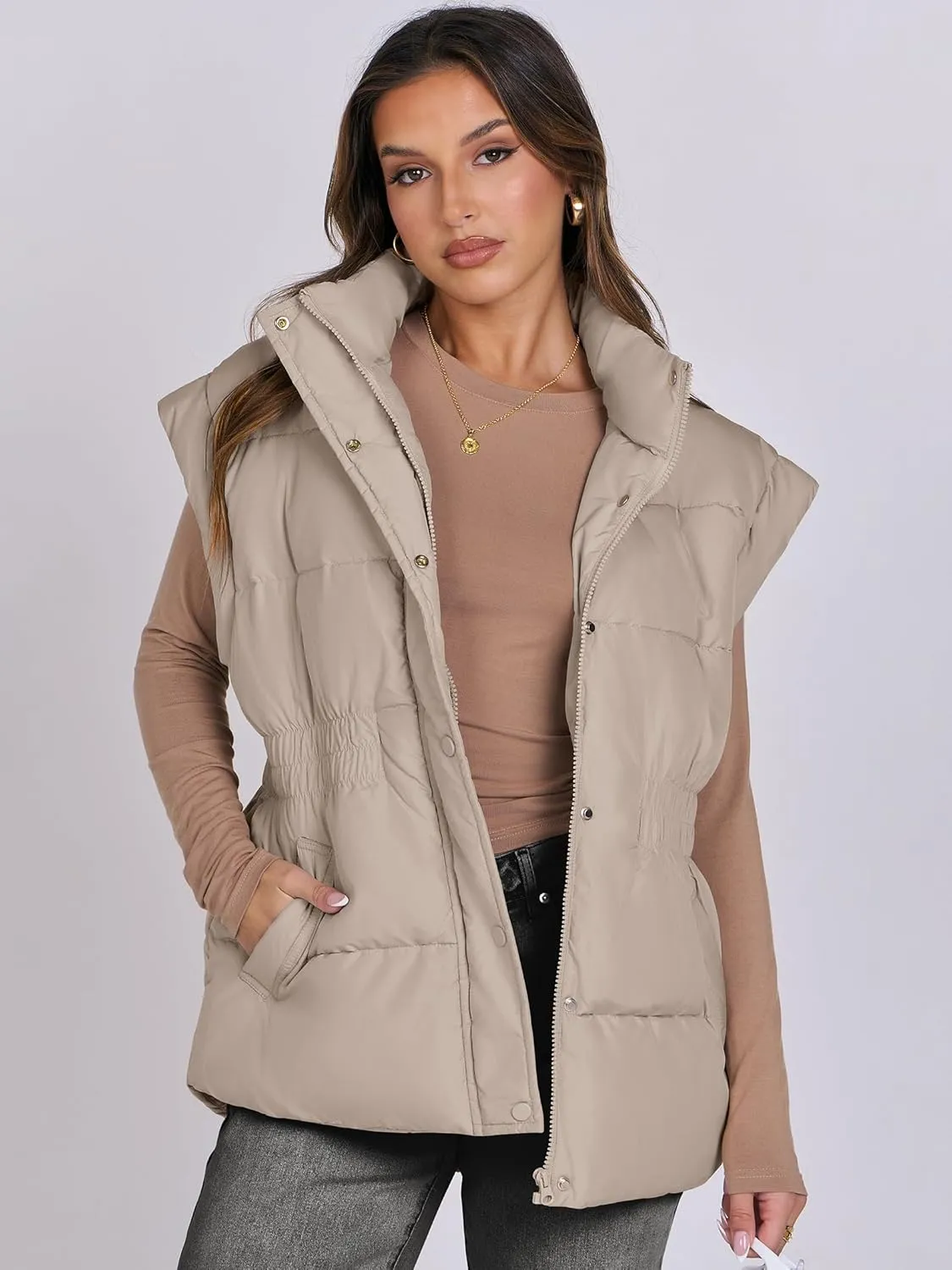 ANRABESS Women Puffer Vest Oversized Sleeveless Zip Up Stand Collar Lightweight Jackets 2025 Winter Warm Puffy Down Coats
