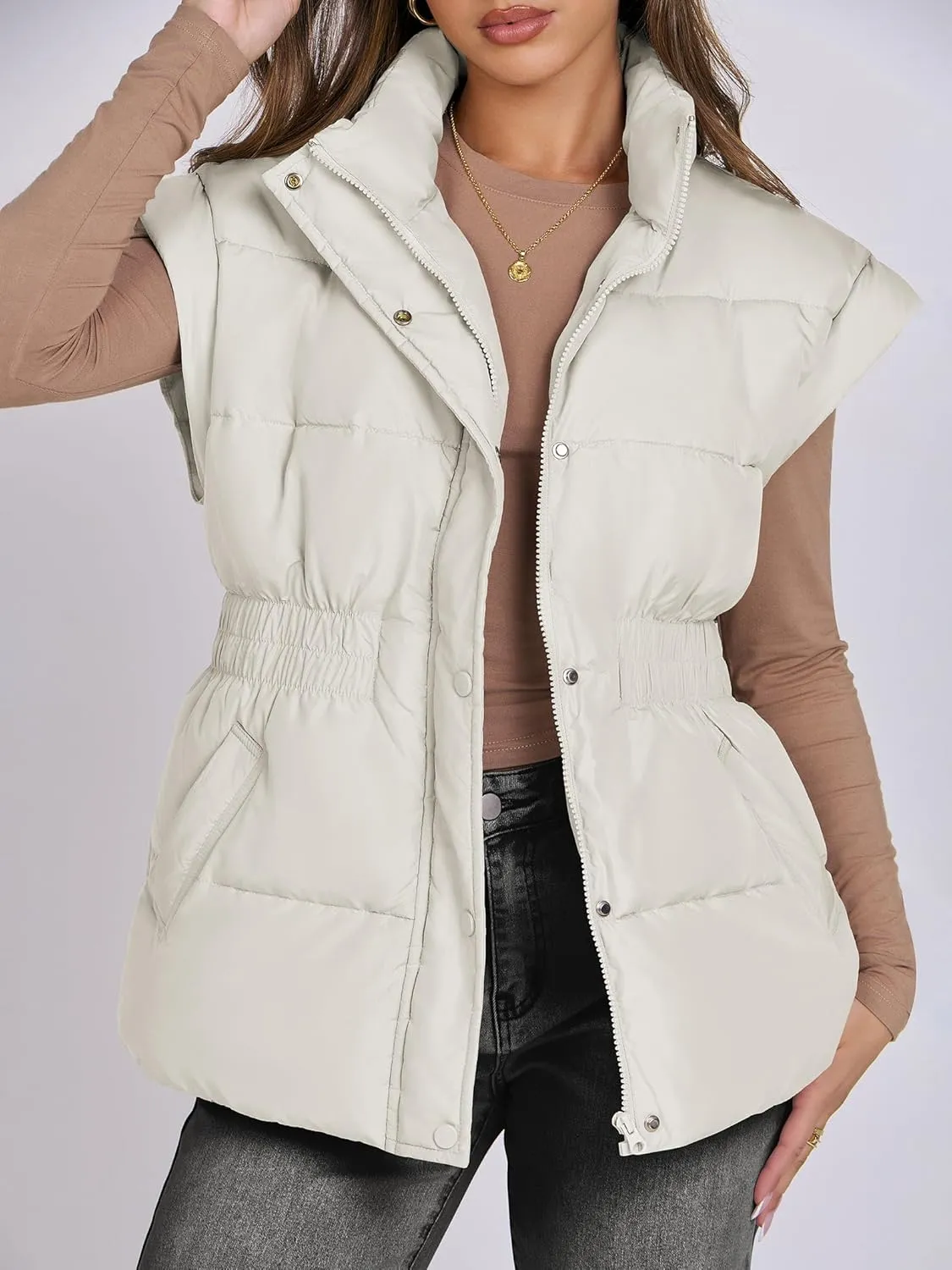 ANRABESS Women Puffer Vest Oversized Sleeveless Zip Up Stand Collar Lightweight Jackets 2025 Winter Warm Puffy Down Coats
