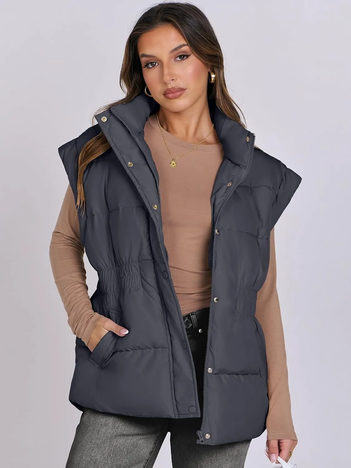 ANRABESS Women Puffer Vest Oversized Sleeveless Zip Up Stand Collar Lightweight Jackets 2025 Winter Warm Puffy Down Coats