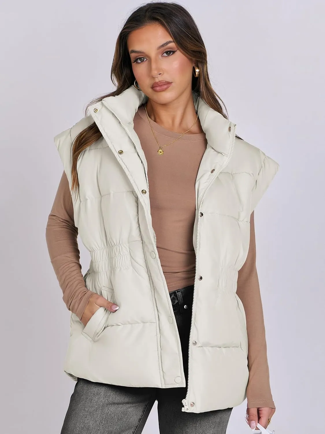 ANRABESS Women Puffer Vest Oversized Sleeveless Zip Up Stand Collar Lightweight Jackets 2025 Winter Warm Puffy Down Coats