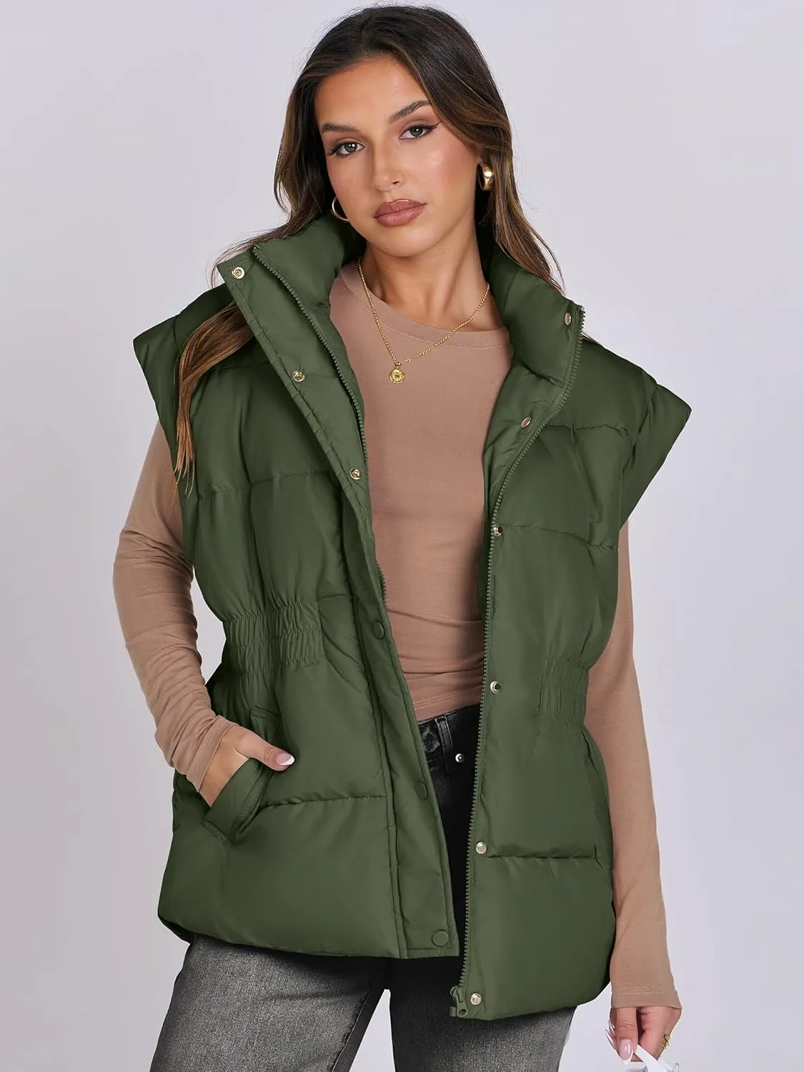 ANRABESS Women Puffer Vest Oversized Sleeveless Zip Up Stand Collar Lightweight Jackets 2025 Winter Warm Puffy Down Coats