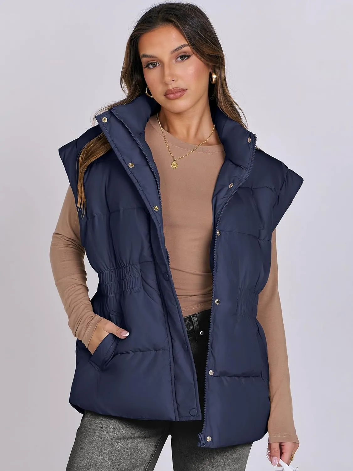ANRABESS Women Puffer Vest Oversized Sleeveless Zip Up Stand Collar Lightweight Jackets 2025 Winter Warm Puffy Down Coats