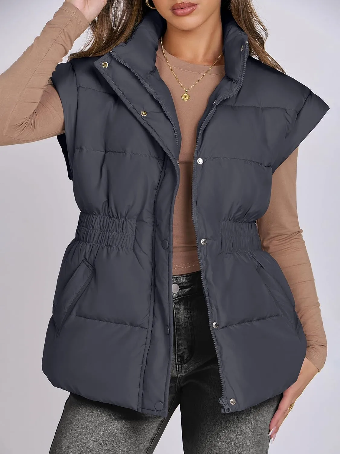 ANRABESS Women Puffer Vest Oversized Sleeveless Zip Up Stand Collar Lightweight Jackets 2025 Winter Warm Puffy Down Coats