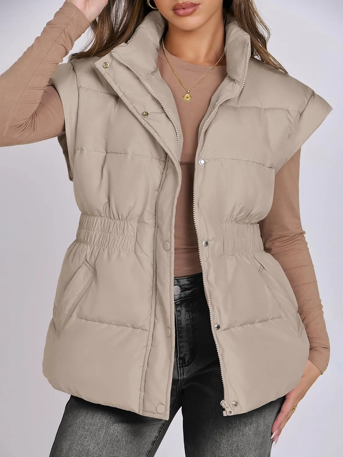 ANRABESS Women Puffer Vest Oversized Sleeveless Zip Up Stand Collar Lightweight Jackets 2025 Winter Warm Puffy Down Coats