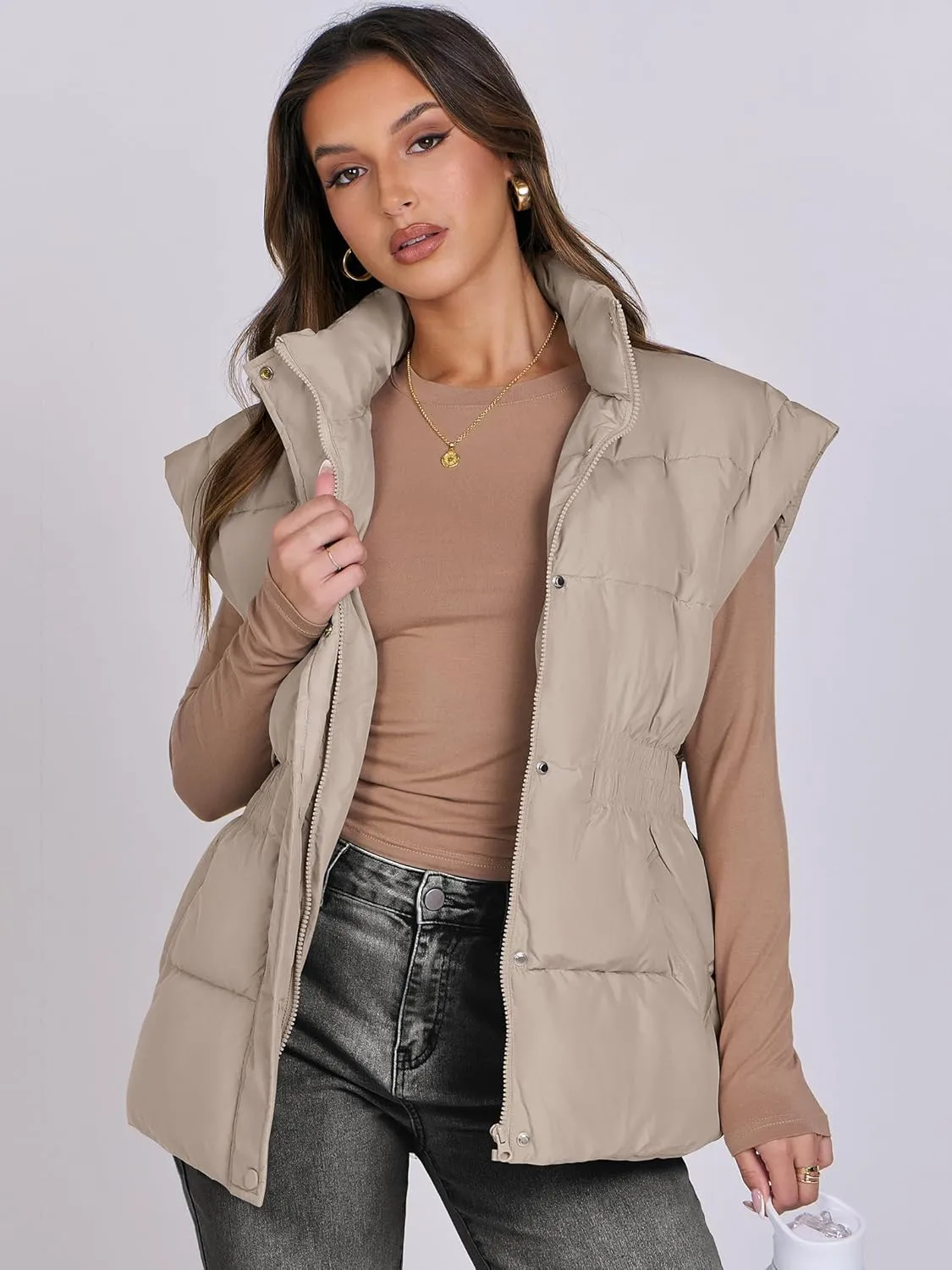 ANRABESS Women Puffer Vest Oversized Sleeveless Zip Up Stand Collar Lightweight Jackets 2025 Winter Warm Puffy Down Coats
