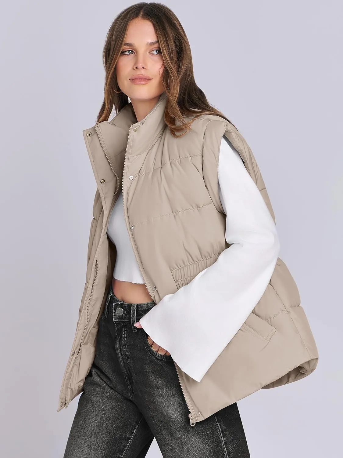 ANRABESS Women Puffer Vest Oversized Sleeveless Zip Up Stand Collar Lightweight Jackets 2025 Winter Warm Puffy Down Coats