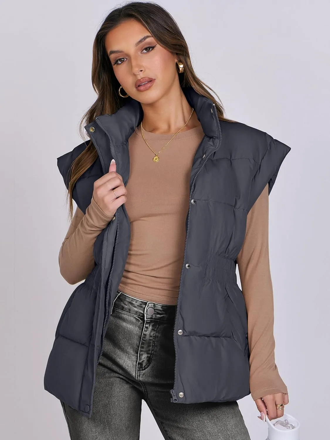 ANRABESS Women Puffer Vest Oversized Sleeveless Zip Up Stand Collar Lightweight Jackets 2025 Winter Warm Puffy Down Coats