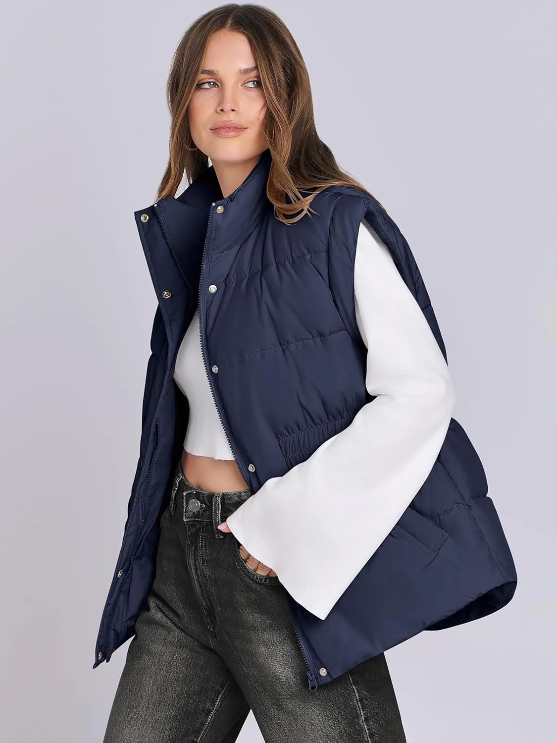 ANRABESS Women Puffer Vest Oversized Sleeveless Zip Up Stand Collar Lightweight Jackets 2025 Winter Warm Puffy Down Coats