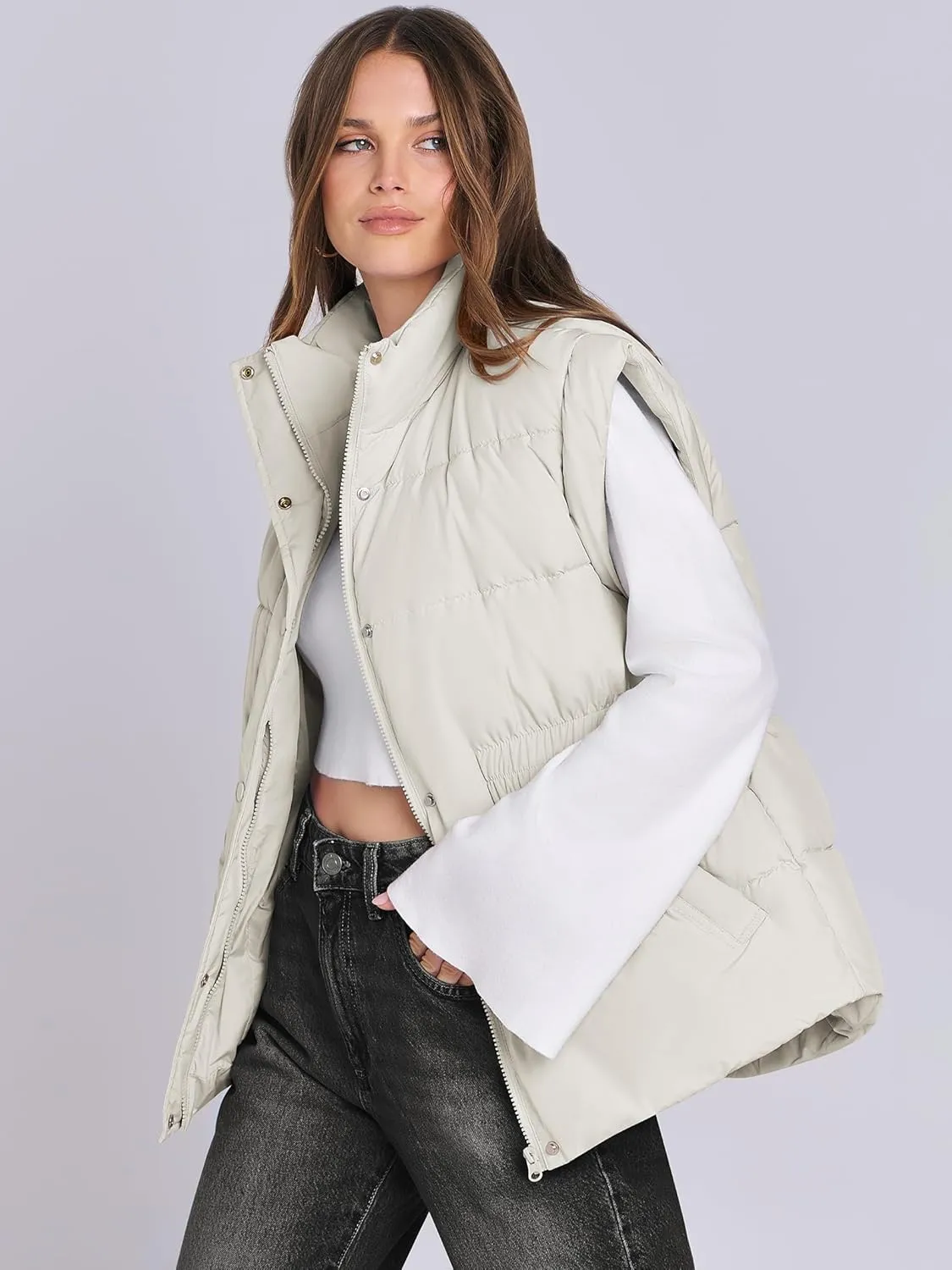 ANRABESS Women Puffer Vest Oversized Sleeveless Zip Up Stand Collar Lightweight Jackets 2025 Winter Warm Puffy Down Coats