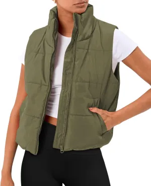 AUTOMET Puffer Vest Women Sleeveless Winter Cropped Outerwear Warm Puffer Lightweight Stand-up Collar Down with Pockets
