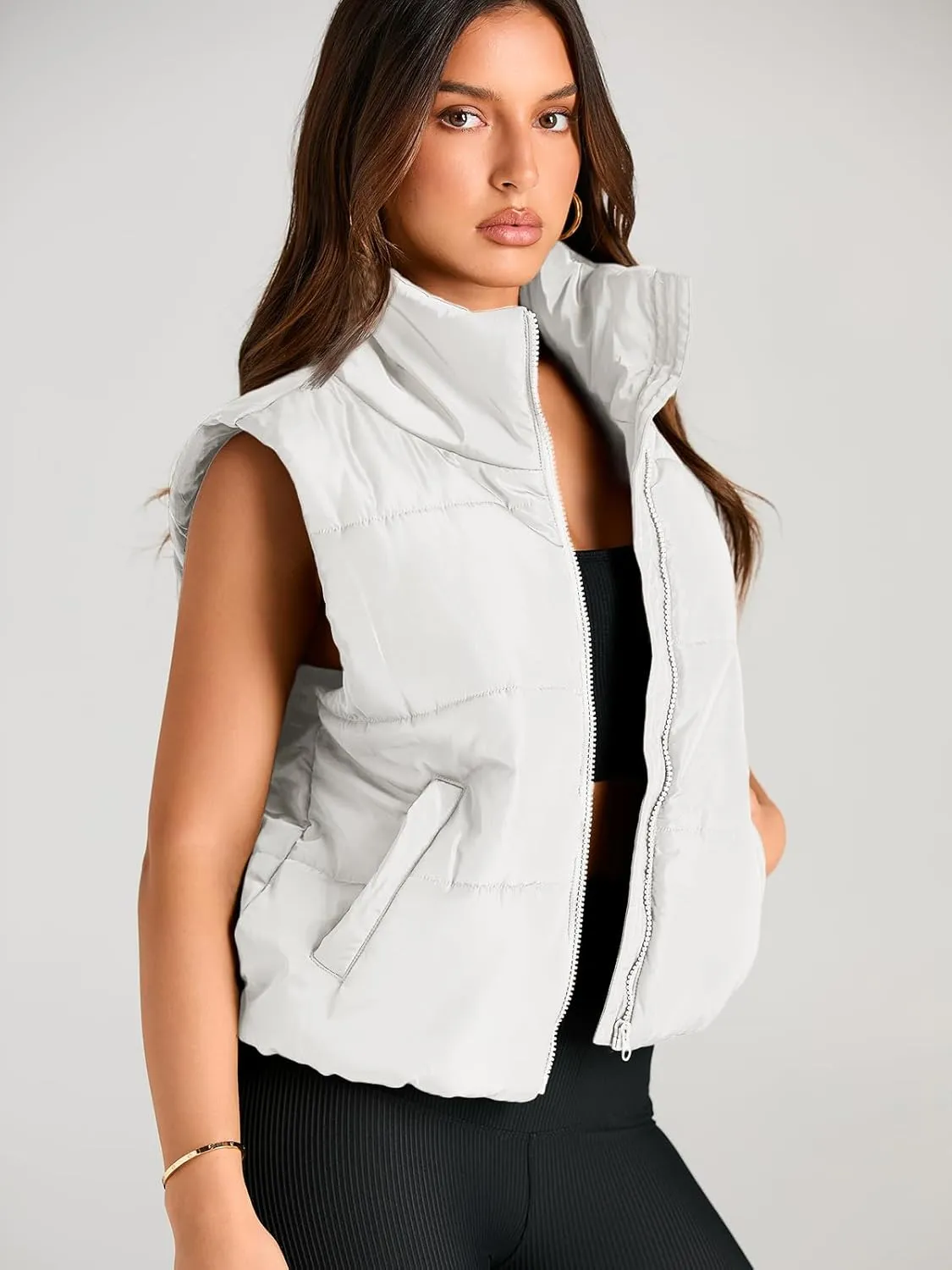 AUTOMET Puffer Vest Women Sleeveless Winter Cropped Outerwear Warm Puffer Lightweight Stand-up Collar Down with Pockets