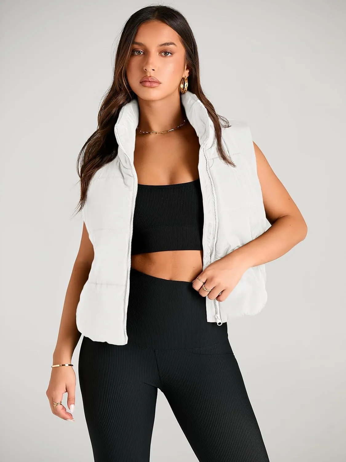 AUTOMET Puffer Vest Women Sleeveless Winter Cropped Outerwear Warm Puffer Lightweight Stand-up Collar Down with Pockets