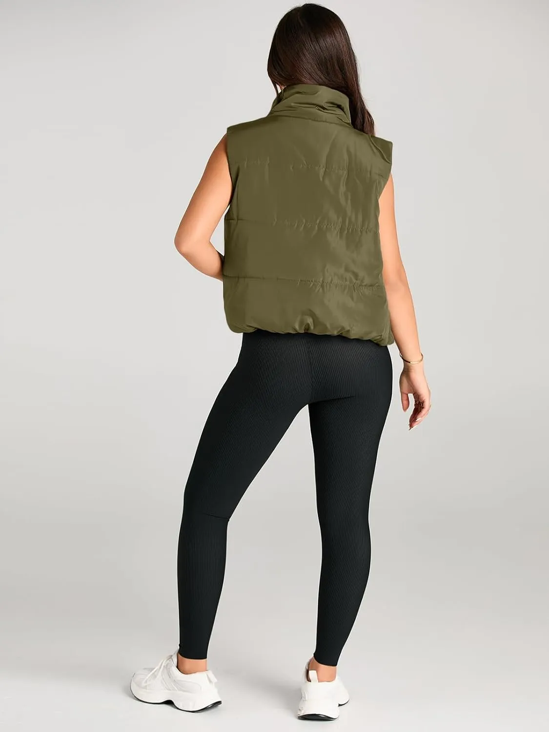 AUTOMET Puffer Vest Women Sleeveless Winter Cropped Outerwear Warm Puffer Lightweight Stand-up Collar Down with Pockets