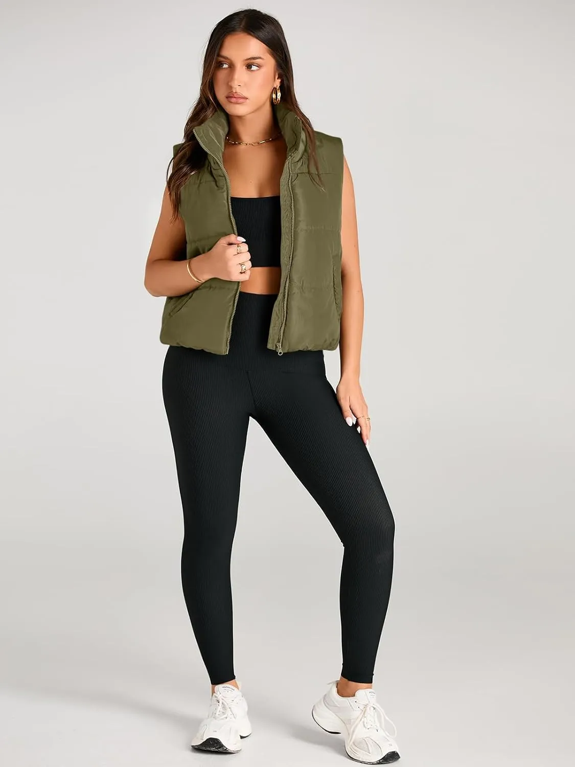 AUTOMET Puffer Vest Women Sleeveless Winter Cropped Outerwear Warm Puffer Lightweight Stand-up Collar Down with Pockets