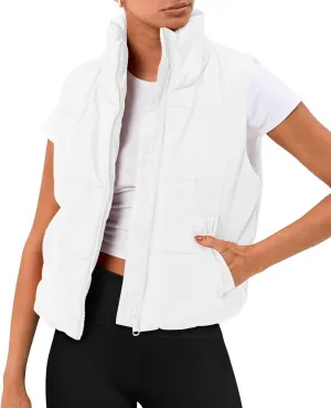 AUTOMET Puffer Vest Women Sleeveless Winter Cropped Outerwear Warm Puffer Lightweight Stand-up Collar Down with Pockets