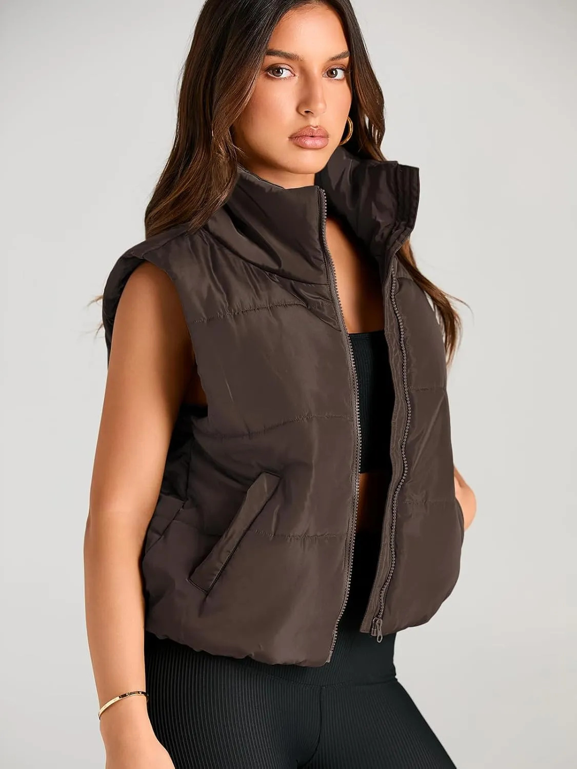 AUTOMET Puffer Vest Women Sleeveless Winter Cropped Outerwear Warm Puffer Lightweight Stand-up Collar Down with Pockets