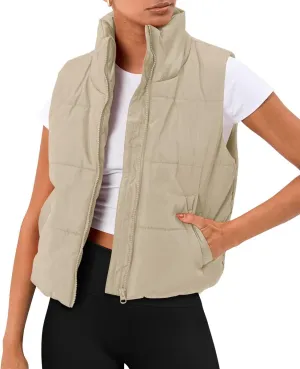 AUTOMET Puffer Vest Women Sleeveless Winter Cropped Outerwear Warm Puffer Lightweight Stand-up Collar Down with Pockets