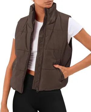 AUTOMET Puffer Vest Women Sleeveless Winter Cropped Outerwear Warm Puffer Lightweight Stand-up Collar Down with Pockets