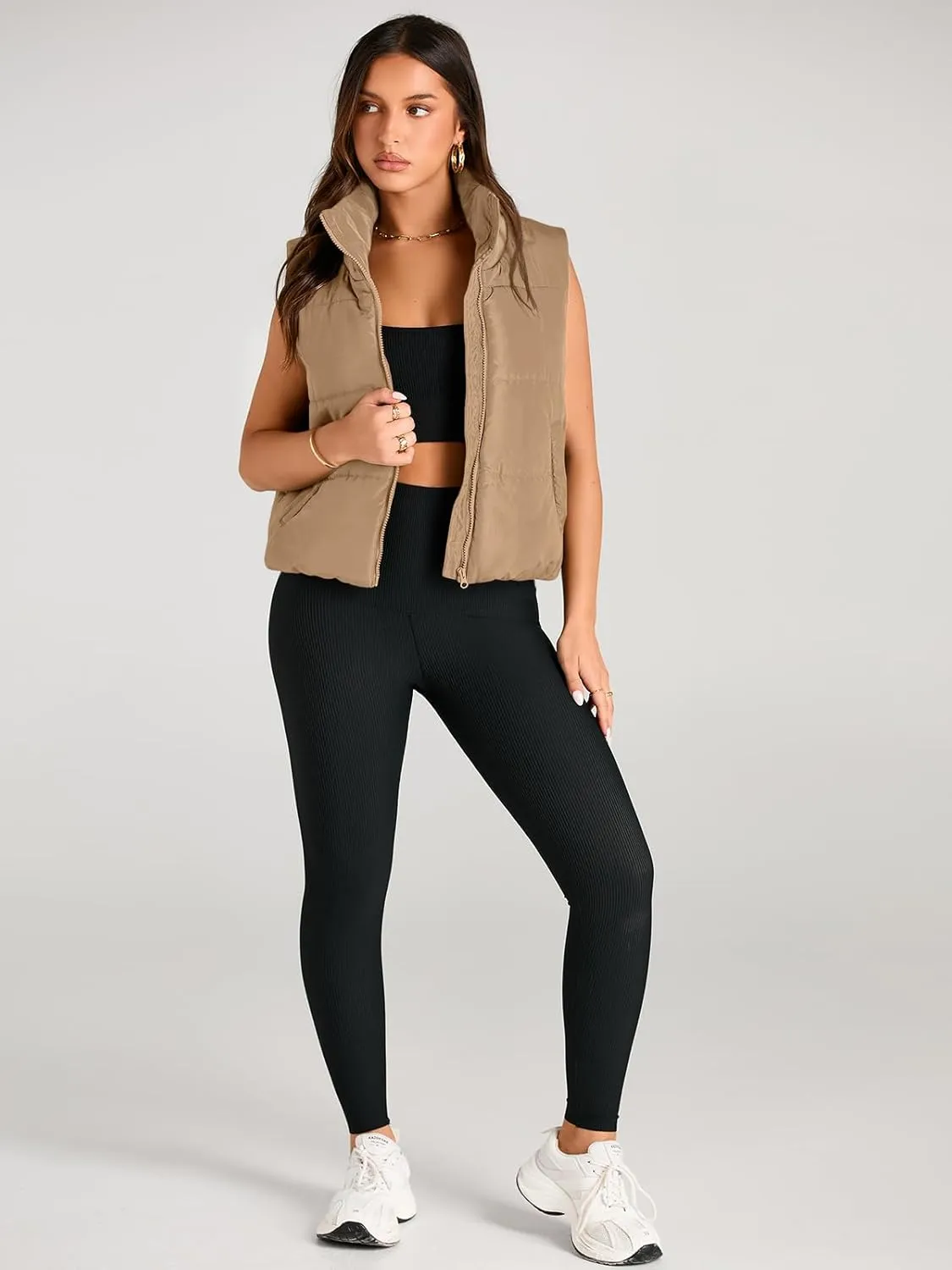 AUTOMET Puffer Vest Women Sleeveless Winter Cropped Outerwear Warm Puffer Lightweight Stand-up Collar Down with Pockets