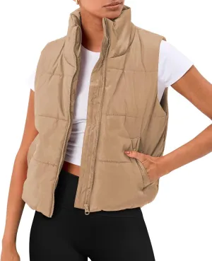 AUTOMET Puffer Vest Women Sleeveless Winter Cropped Outerwear Warm Puffer Lightweight Stand-up Collar Down with Pockets
