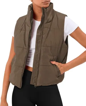 AUTOMET Puffer Vest Women Sleeveless Winter Cropped Outerwear Warm Puffer Lightweight Stand-up Collar Down with Pockets