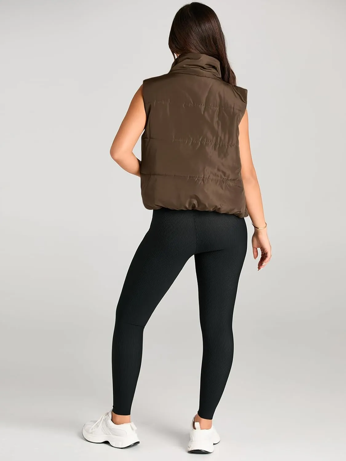 AUTOMET Puffer Vest Women Sleeveless Winter Cropped Outerwear Warm Puffer Lightweight Stand-up Collar Down with Pockets