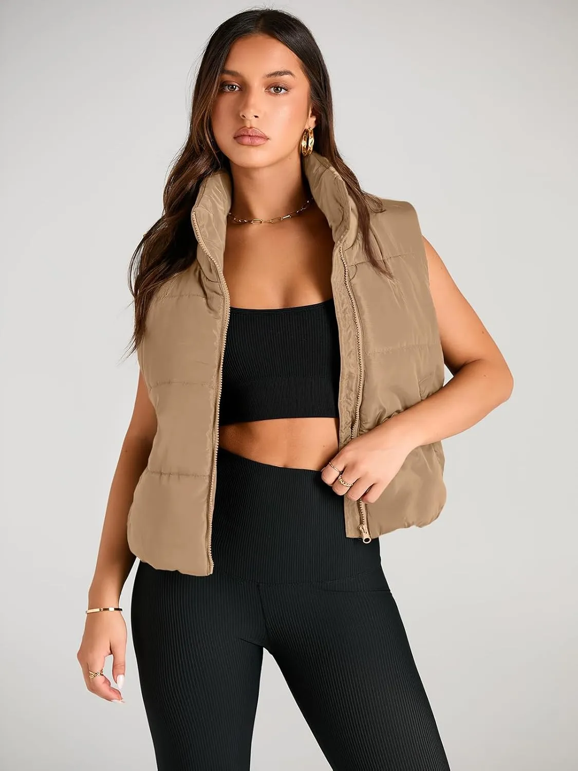 AUTOMET Puffer Vest Women Sleeveless Winter Cropped Outerwear Warm Puffer Lightweight Stand-up Collar Down with Pockets