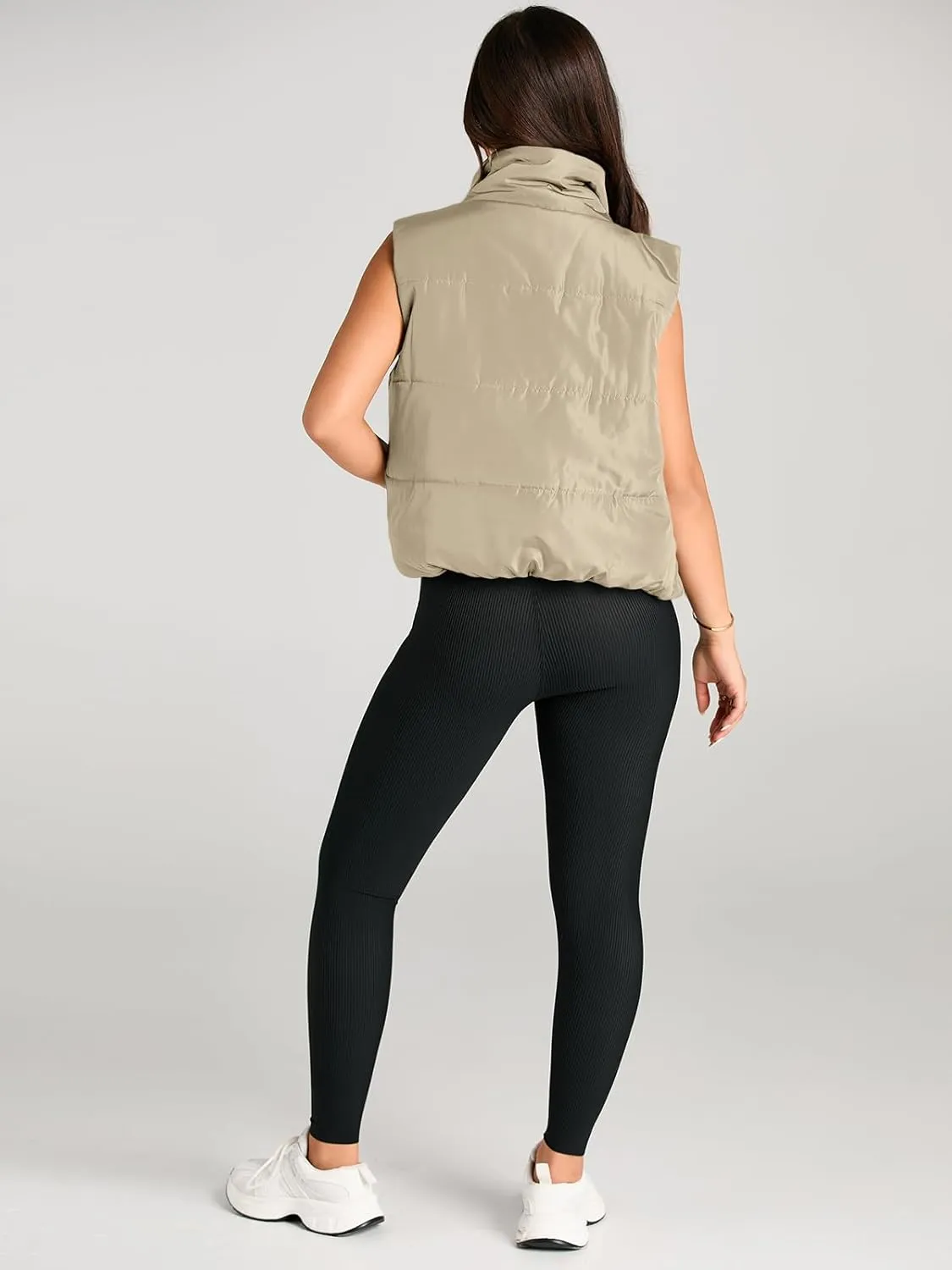 AUTOMET Puffer Vest Women Sleeveless Winter Cropped Outerwear Warm Puffer Lightweight Stand-up Collar Down with Pockets
