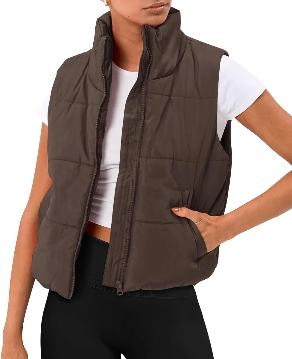 AUTOMET Puffer Vest Women Sleeveless Winter Cropped Outerwear Warm Puffer Lightweight Stand-up Collar Down with Pockets