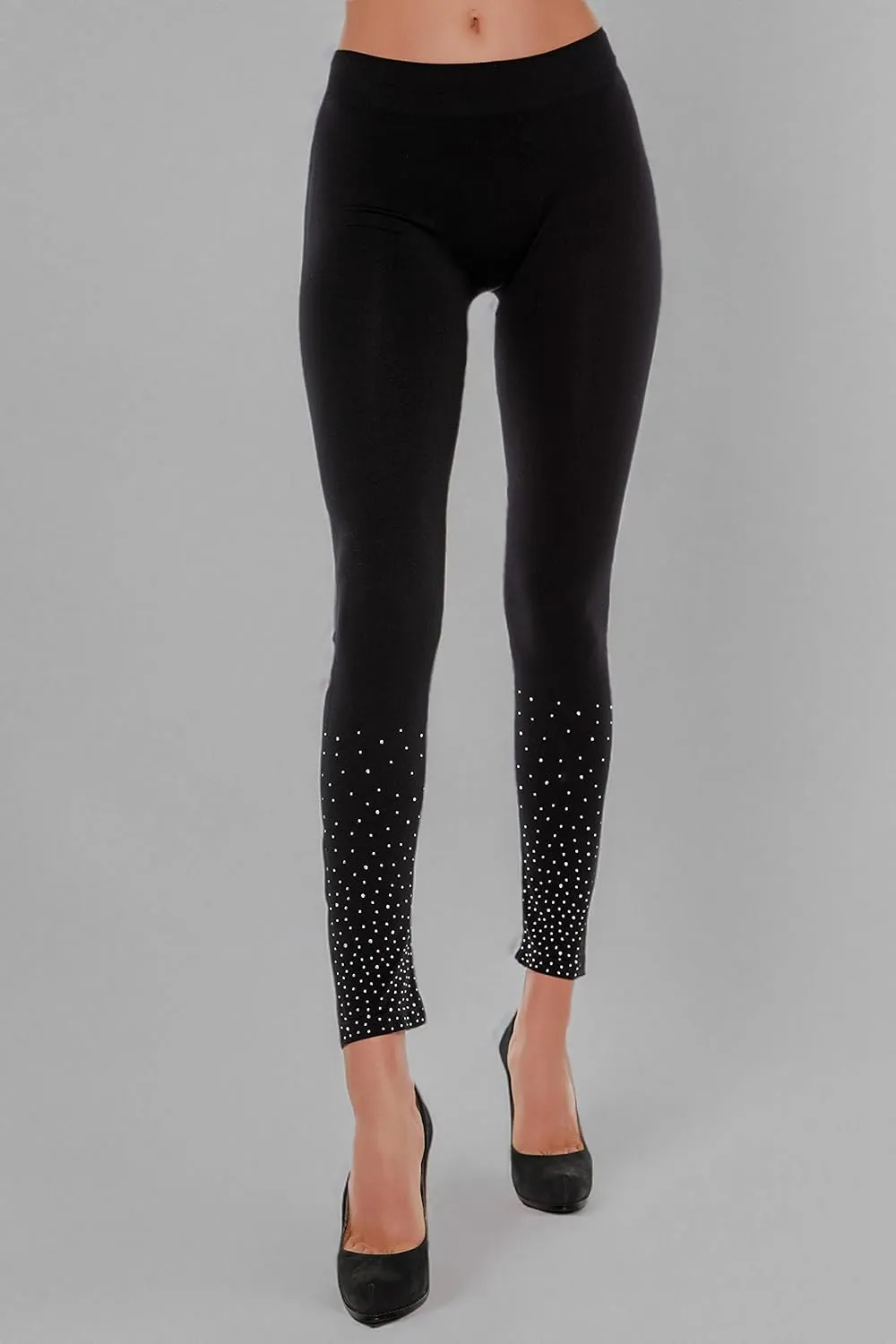 Belldini Fashion Leggings for Women Scattered Rhinestone Trim Seamless Black Leggings