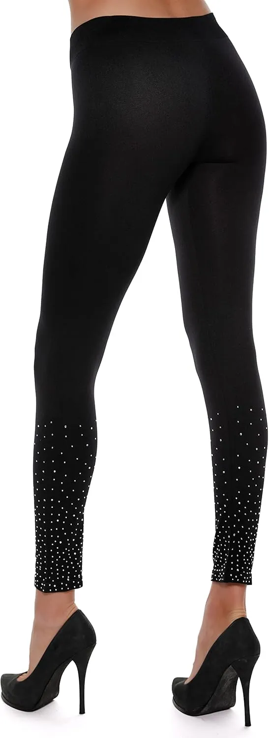 Belldini Fashion Leggings for Women Scattered Rhinestone Trim Seamless Black Leggings