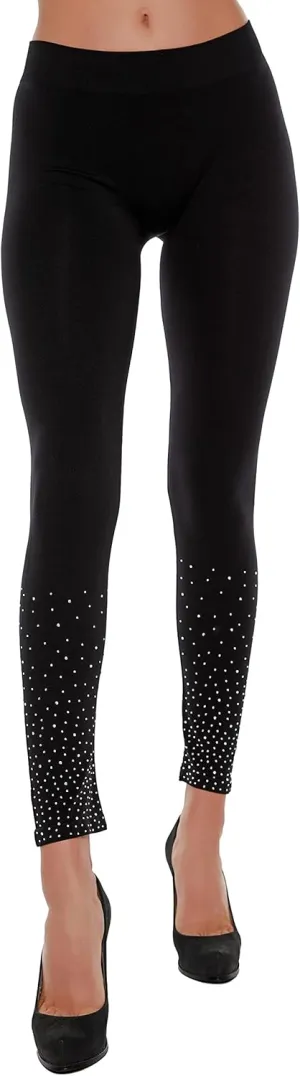 Belldini Fashion Leggings for Women Scattered Rhinestone Trim Seamless Black Leggings