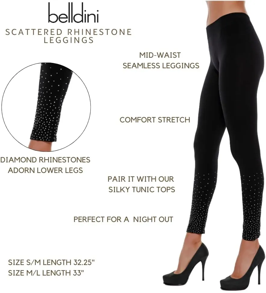 Belldini Fashion Leggings for Women Scattered Rhinestone Trim Seamless Black Leggings