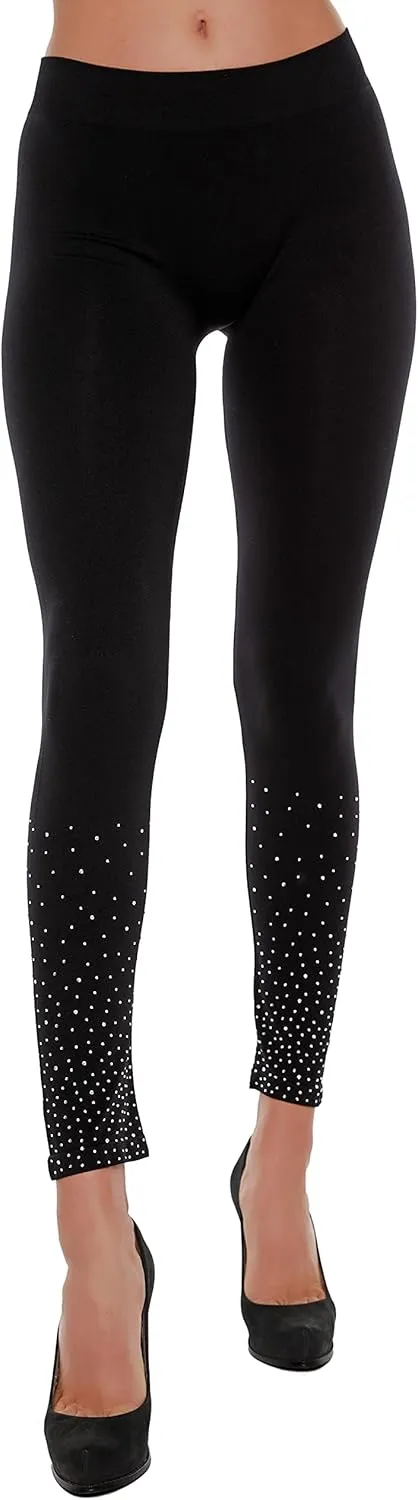 Belldini Fashion Leggings for Women Scattered Rhinestone Trim Seamless Black Leggings